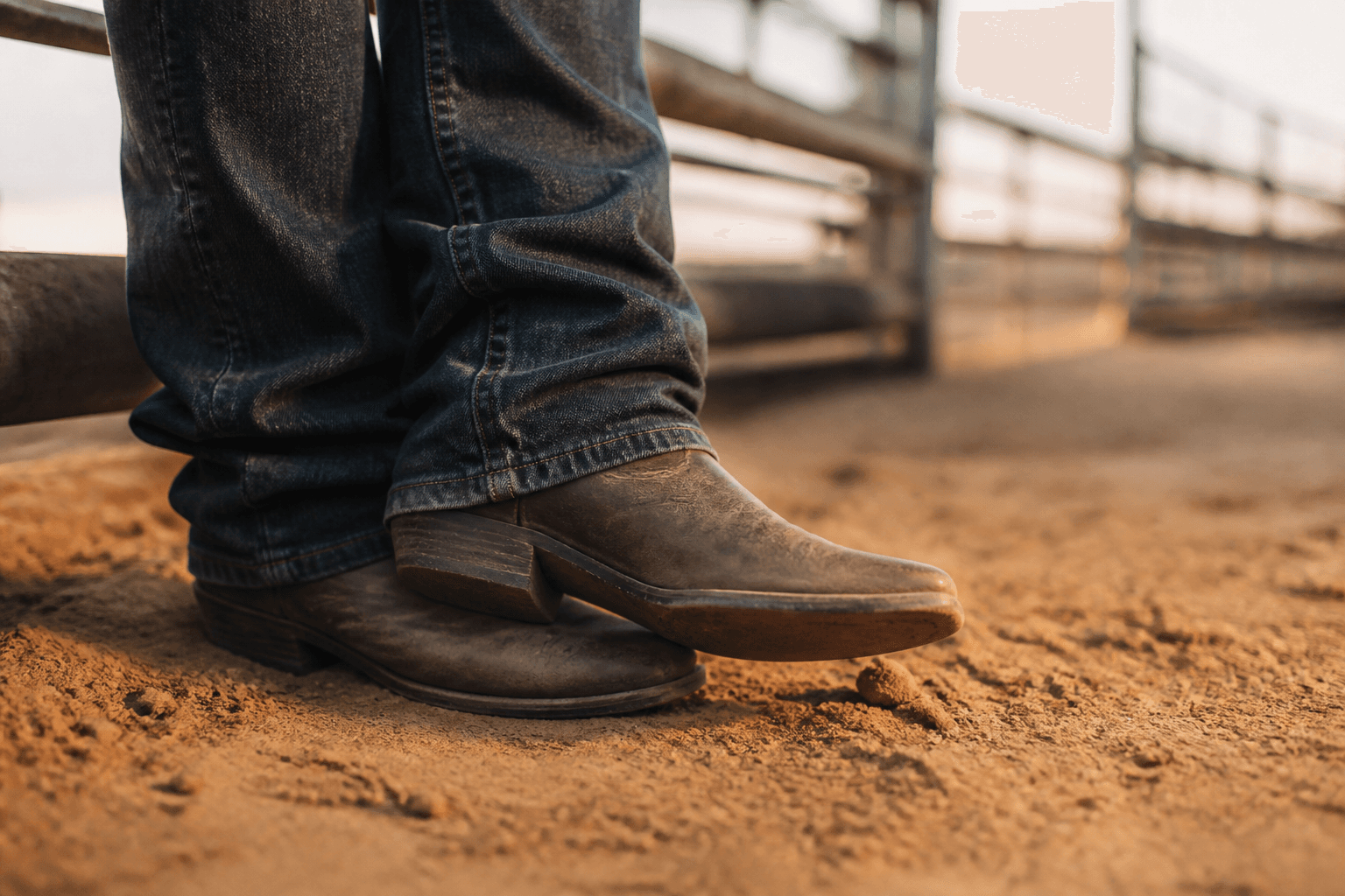 Arena y botas de vaquero al atardecer
